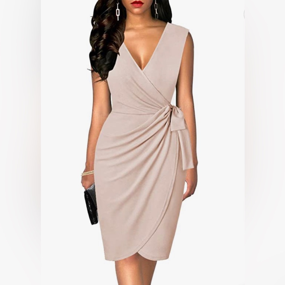 Oten Sleeveless Deep V Neck Sheath Knee Length Cocktail Faux Wrap Formal Dress